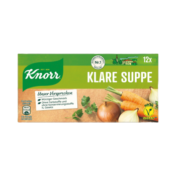 Knorr Klare Suppe, rein pflanzlich, 12 Würfel, 138 Gramm Produktbild, Vorderseite der Verpackung